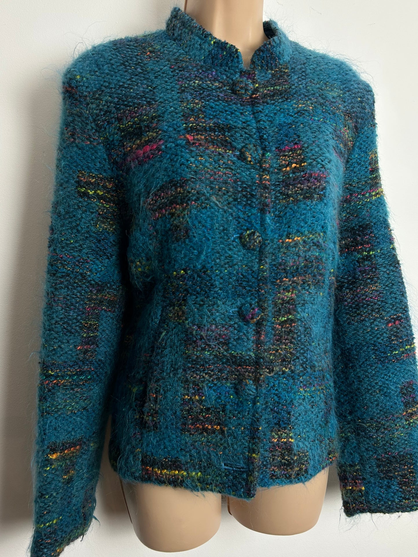 Vintage Early 1980s Size 12-14 Peacock Blue Mohair & Wool Mix Collarless Jacket