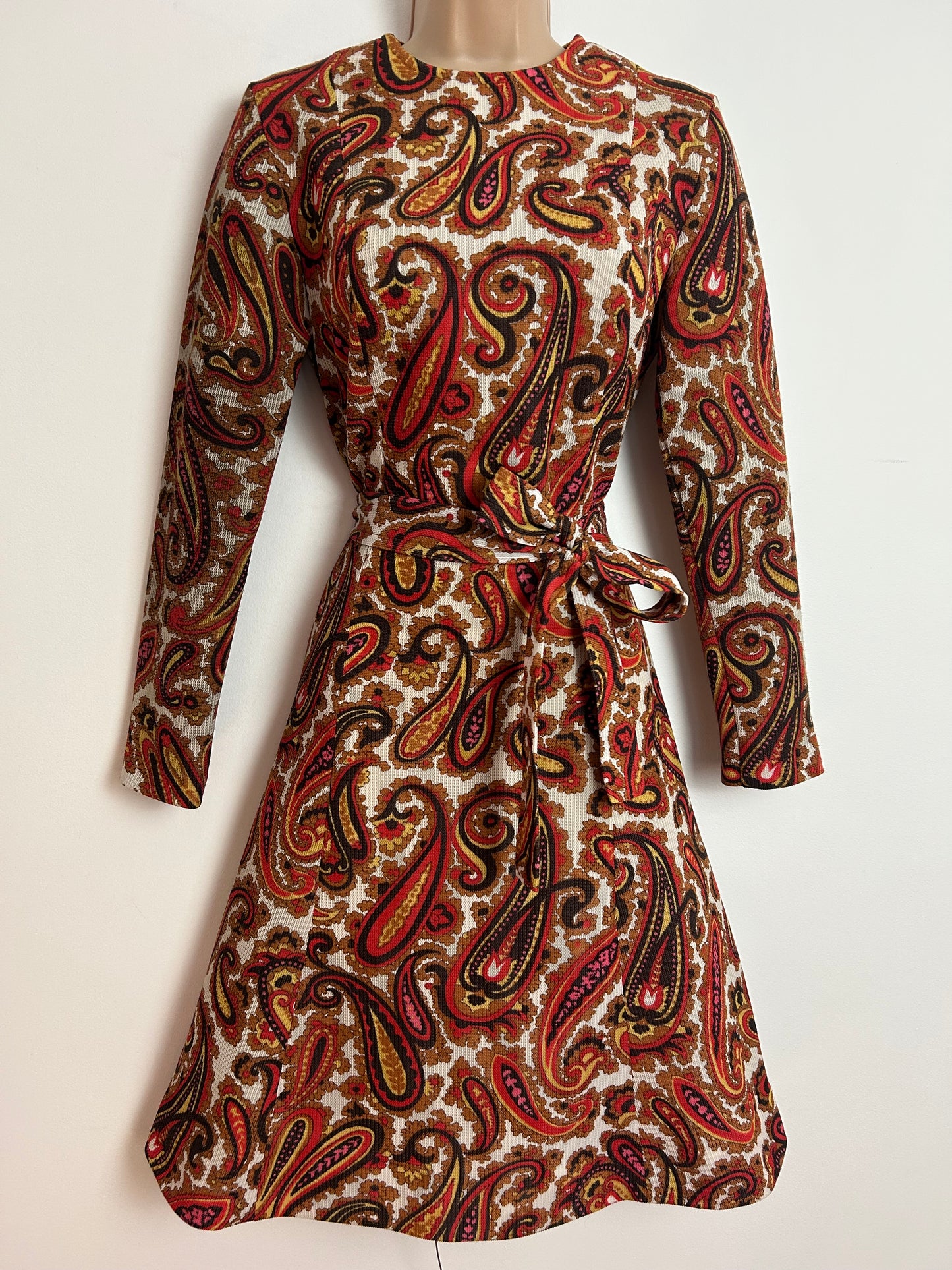 Vintage Late 1960s ST MICHAEL UK Size 10 Brown Red & Mustard Yellow Paisley Print Long Sleeve Belted Mod Dress