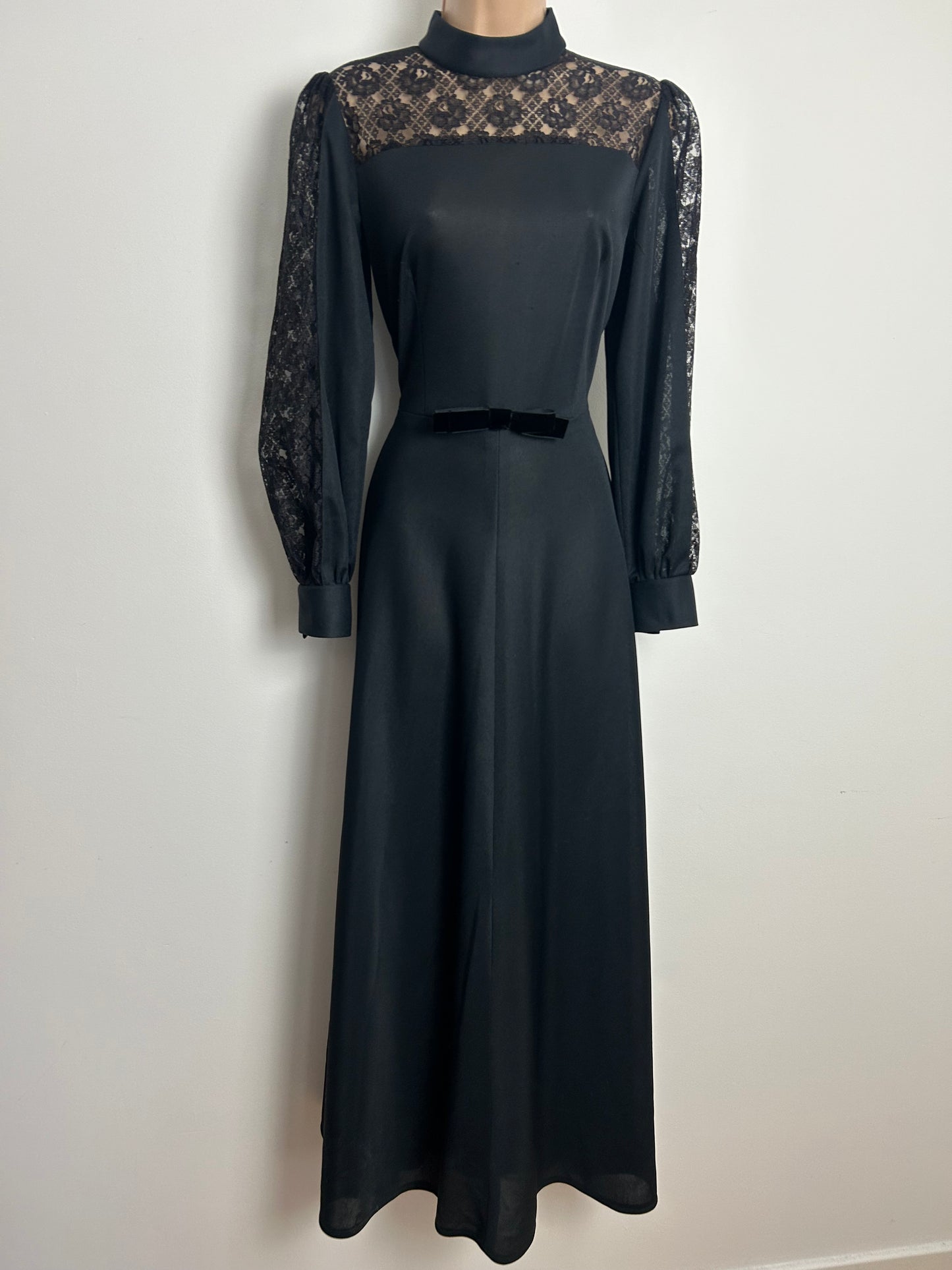Vintage 1970s Size 10 Black Gothic Vibes Lace Illusion Neck Long Sleeve Maxi Dress