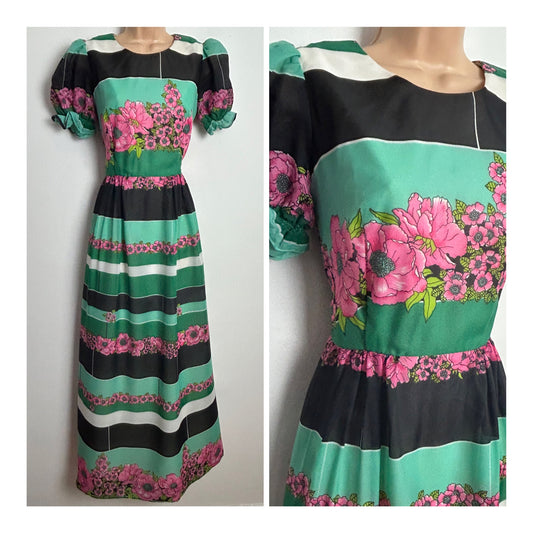 Vintage 1970s Size 8-10 Green Black White & Pink Stripe & Floral Print Short Sleeve Maxi Dress