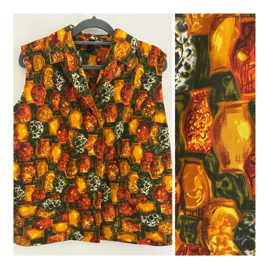 Vintage 1950s Size 14-16 Orange Green & Brown Vase Print Sleeveless Cotton Top