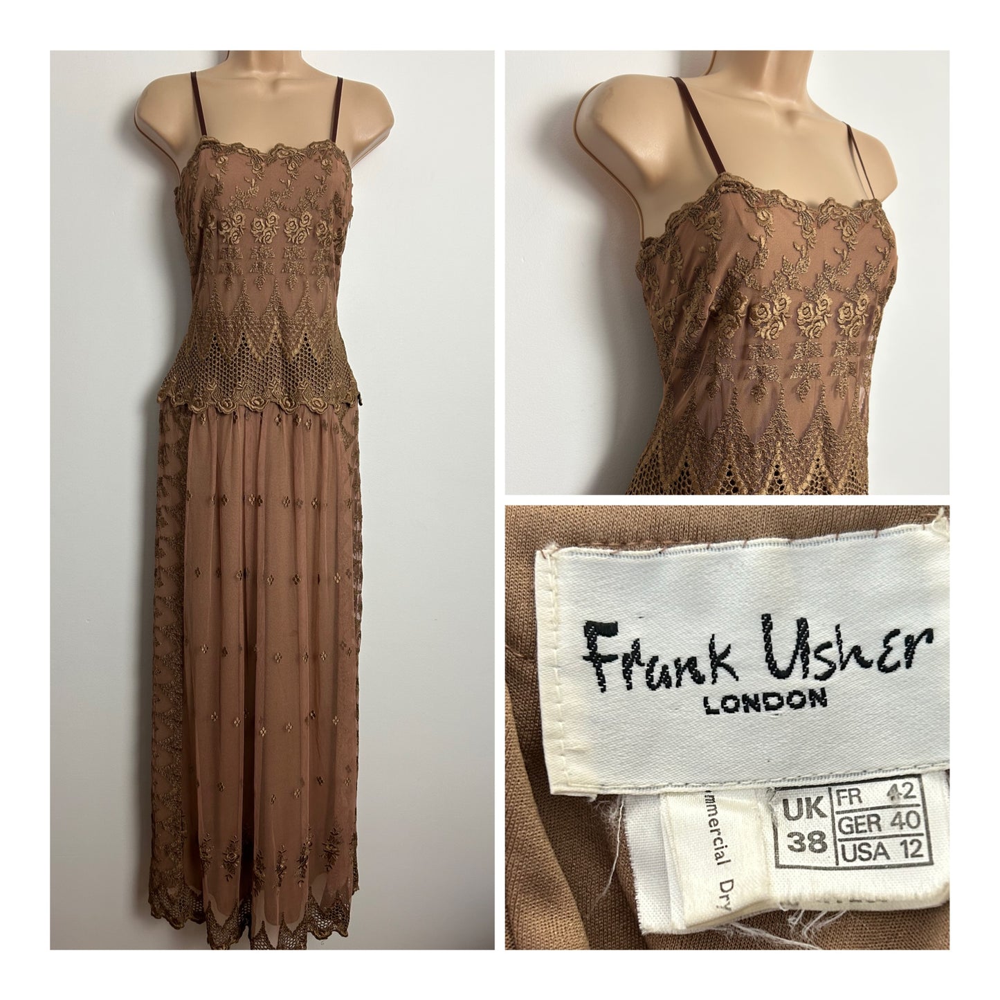 Vintage Late 1970s FRANK USHER Size 10 Beautiful Brown Lace Occasion Evening Gown