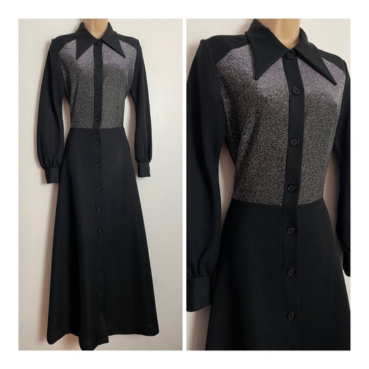 Vintage 1970s UK Size 10 Black & Silver Lurex Bodice Dagger Collar Long Sleeve Maxi Dress
