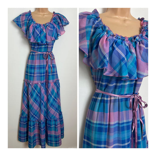 Vintage 1970s Size 10 Blue & Green Tones Check Print Cotton Mix On Or Off Shoulder Maxi Dress