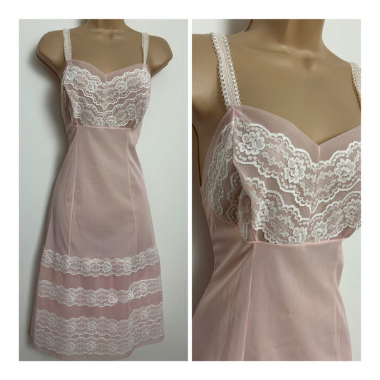 Vintage 1960s Size 10 Beautiful Pale Pink Lace Detail Nylon Slip