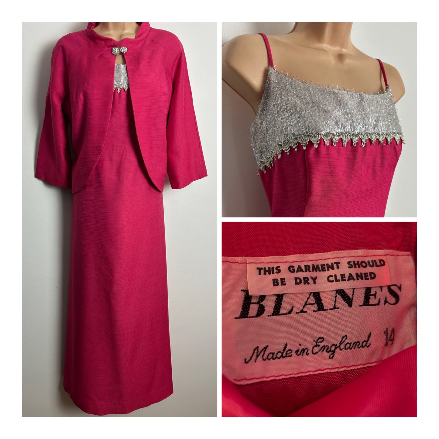Vintage Early 1960s BLANES Size 10-12 Hot Pink & Silver Tinsel Evening Occasion Dress & Matching Jacket