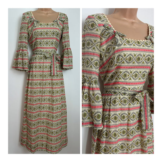 Vintage 1970s Size 8 Cream Green & Pink Floral & Stripe Print Bow Detail Belted Cotton Prairie Maxi Dress