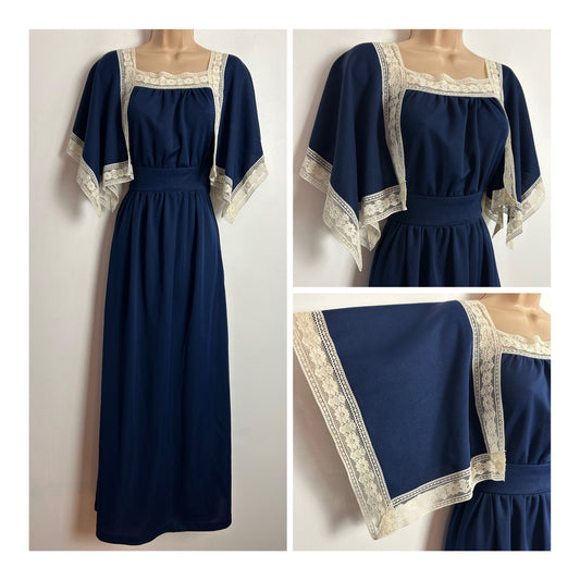 Vintage 1970s C&A UK Size 8 Navy Blue White Lace Trim Hanky Sleeve Boho Maxi Dress