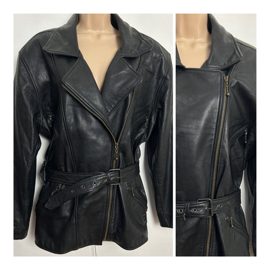 Vintage 1980s J.I.F (Just In Fashion) UK Size 14-16 Black Leather Zip Fronted Pocket Detail Belted Biker Style Jacket