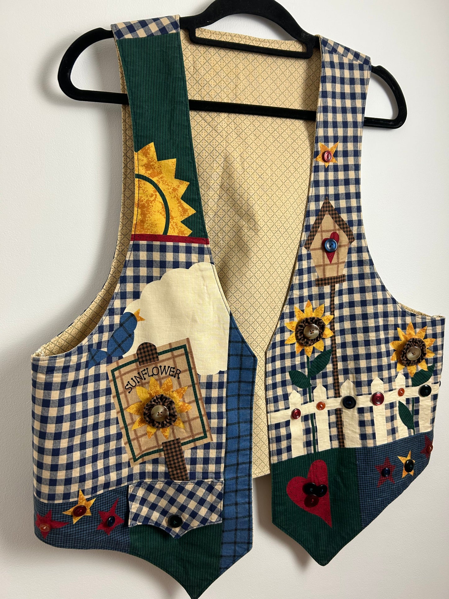 Vintage 1980s UK Size 14-16 Blue Cream & Green Check Sunflower Garden Print Button Detail Cotton Waistcoat