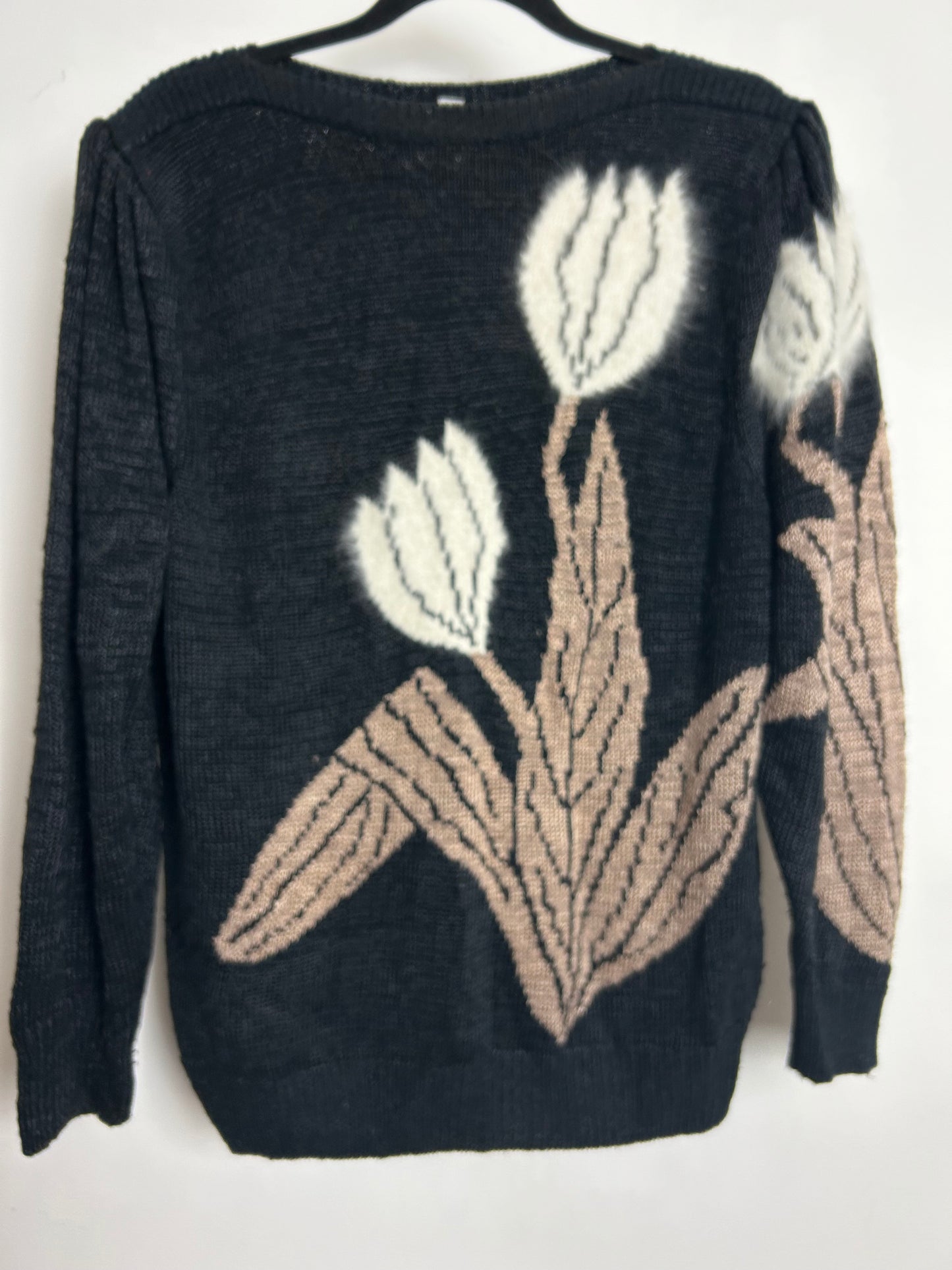 Vintage 1980s Up to Size 16 Black Brown & White Flower Pattern Long Sleeve Jumper