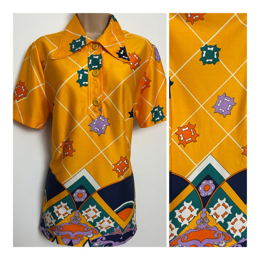 Vintage 1970s Size 12 Mustard Teal & Orange Abstract Print Dagger Collar Short Sleeve Shirt