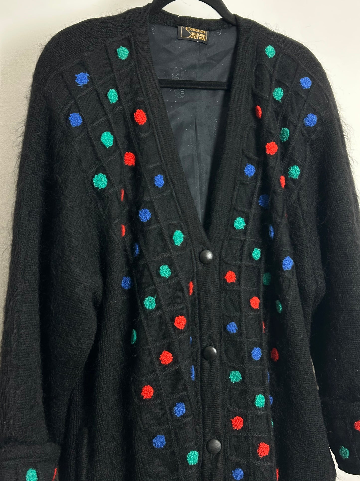 Vintage 1980s VELIT BARI Up To Size 18 Oversized Mid Length Black Spot Pattern Kid Mohair Coatigan Cardigan