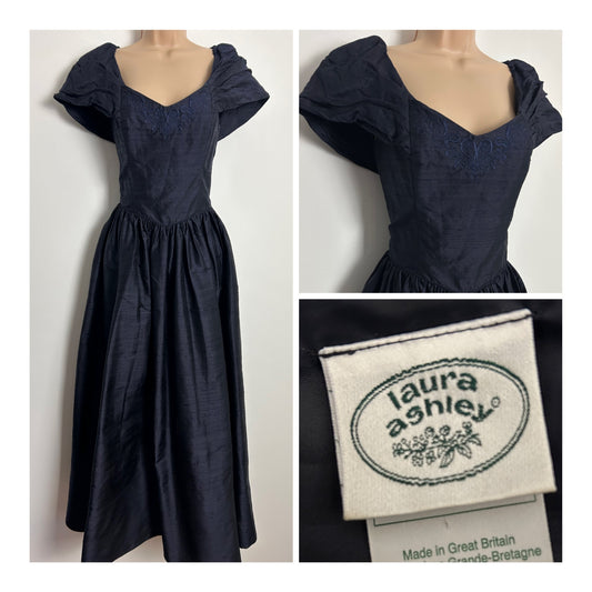 Vintage 1980s LAURA ASHLEY UK Size 12 (Size 16 On Label) Dark Midnight Blue 100% Silk Ballgown