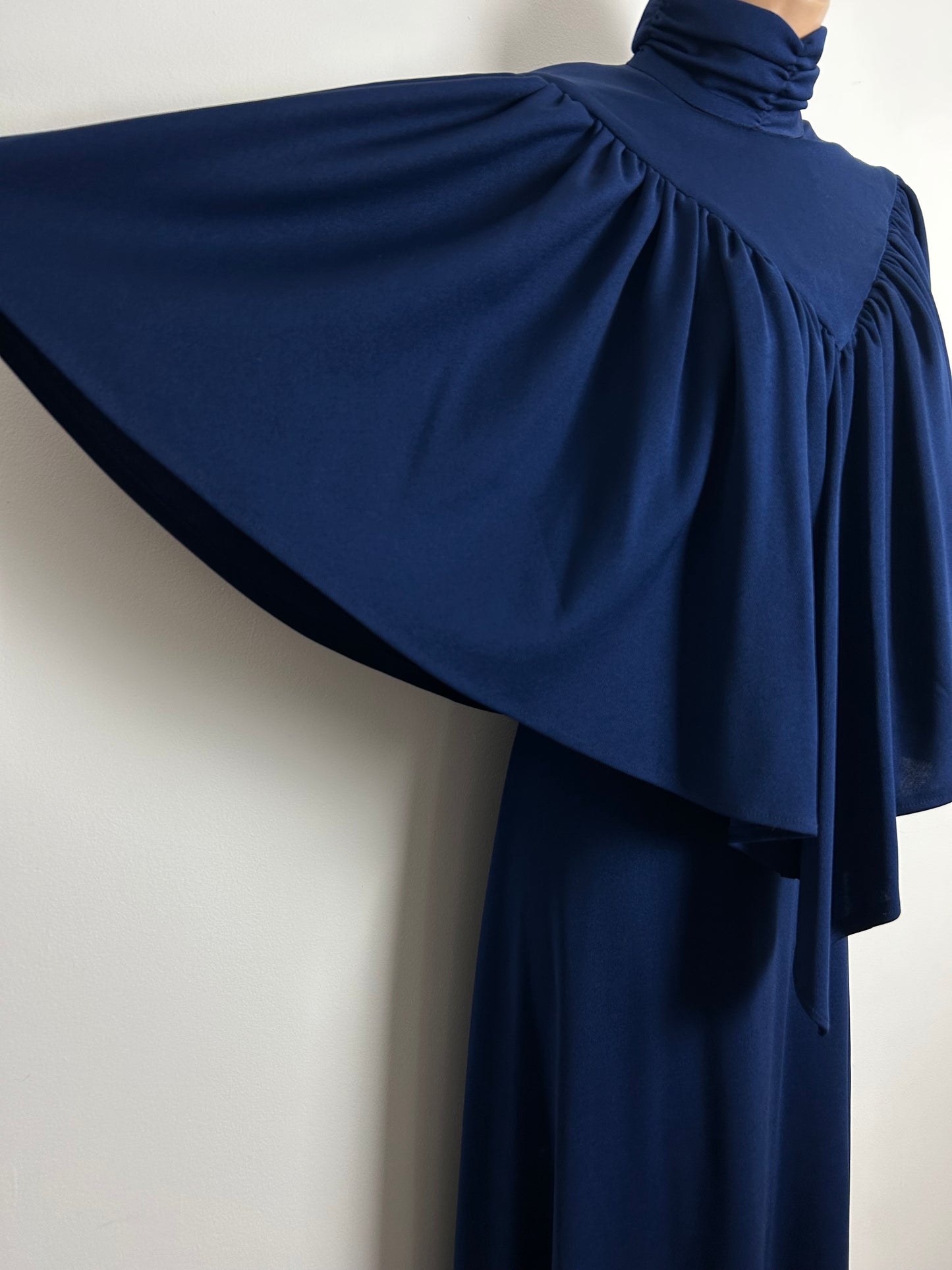 Vintage 1970s C&A Size 10 Navy Blue Cape Sleeve Bertha Collar Evening Occasion Maxi Dress