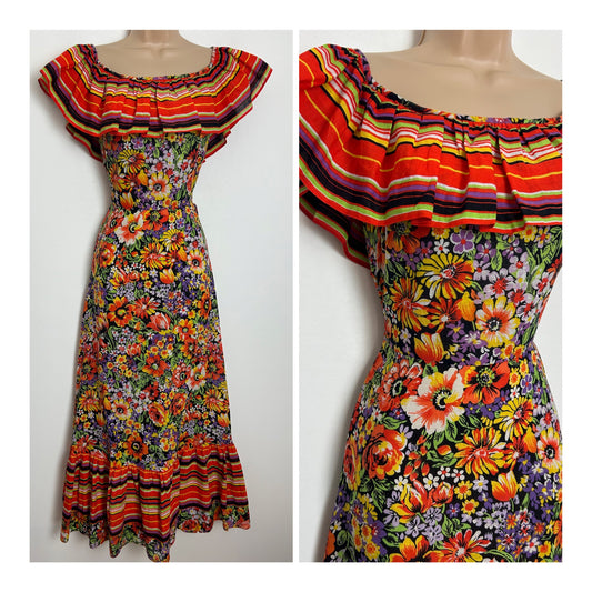 Vintage 1970s Size 10 Black & Orange Floral & Stripe Print Frill Collar Cotton Summer Maxi Dress