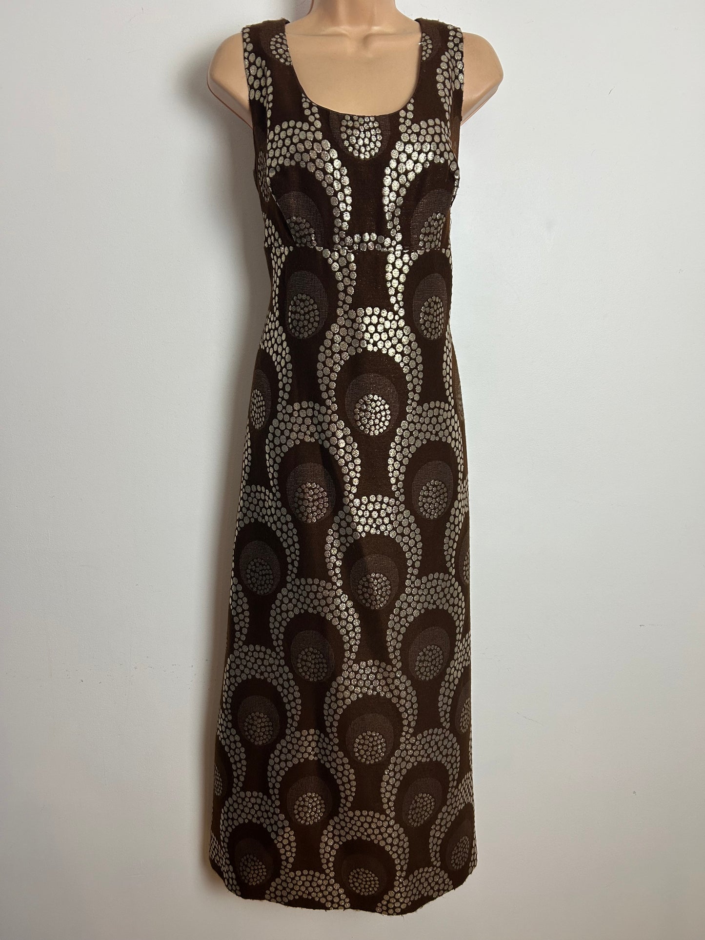 Vintage 1970s KLEEMIER HOFF Size 10 Brown & Gold Spot Print Sleeveless Evening Maxi Dress