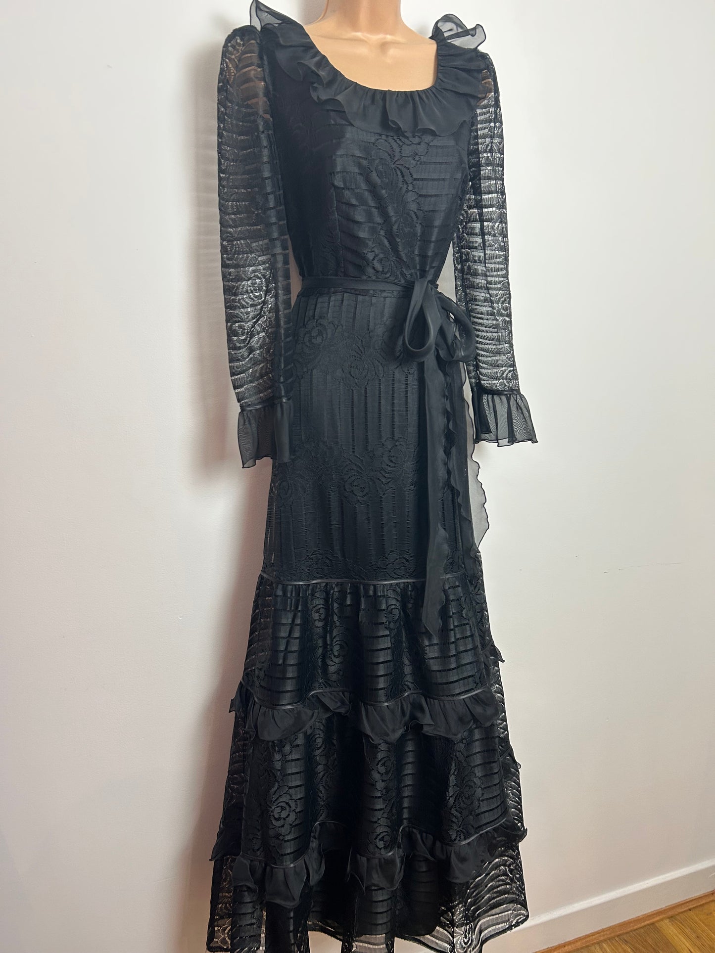 Vintage Early 1980s Size 12 Black Lace Long Sleeve Gothic Vibes Belted Prairie Maxi Dress