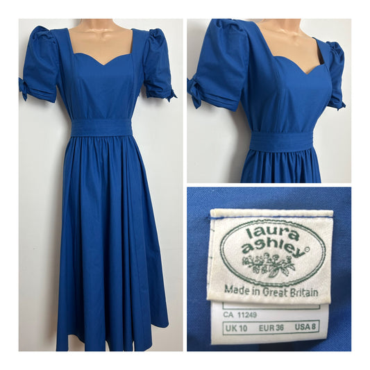 Vintage 1980s LAURA ASHLEY Size 8 Royal Blue Short Sleeve Belted Bo Peep Style Dress