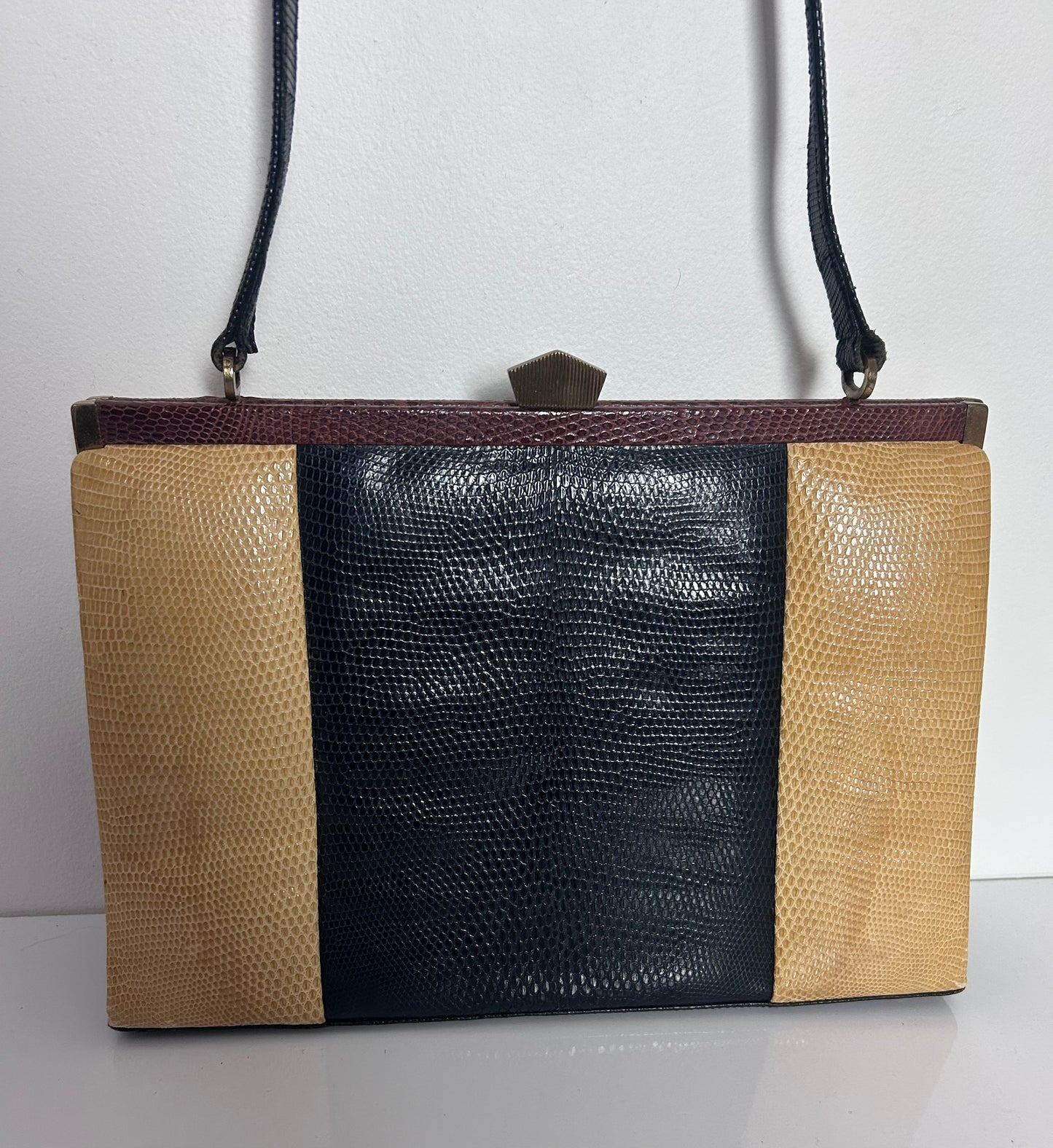 Vintage 1960s Black Beige & Brown Mock Reptile Leather Kelly Style Shoulder Handbag