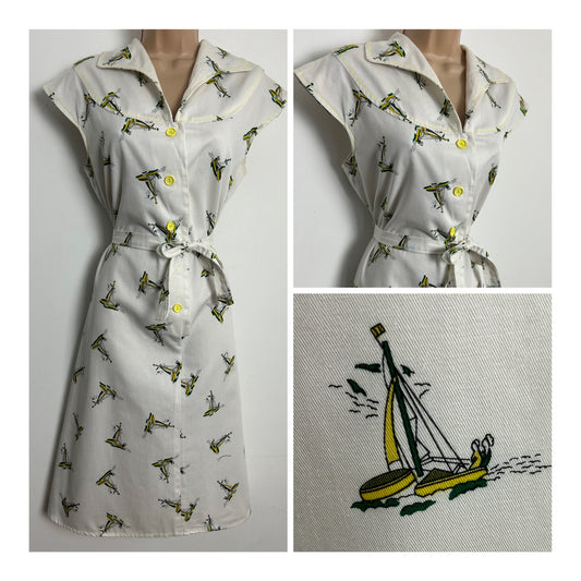 Vintage 1970s PENELOPE PEEP Size 12 Cream Novelty Print Sailing Boat Yacht Print Cotton Belted Day Dress