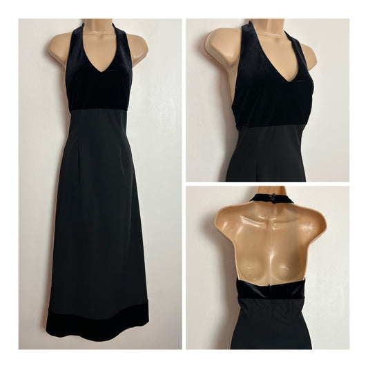 Vintage Late 1980s/Early 1990s ANGIE UK Size 6 Black Velvet Bodice Halterneck Evening Maxi Dress