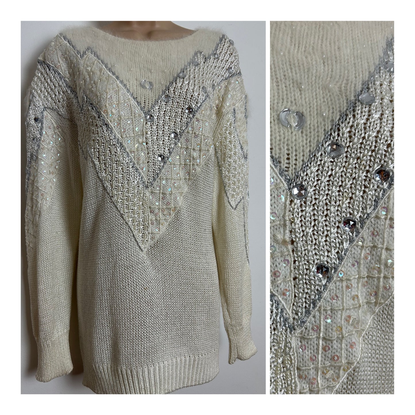 Vintage 1980s Up To Size 18-20 Winter White Sequin & Jewel Detail Winter Jumper