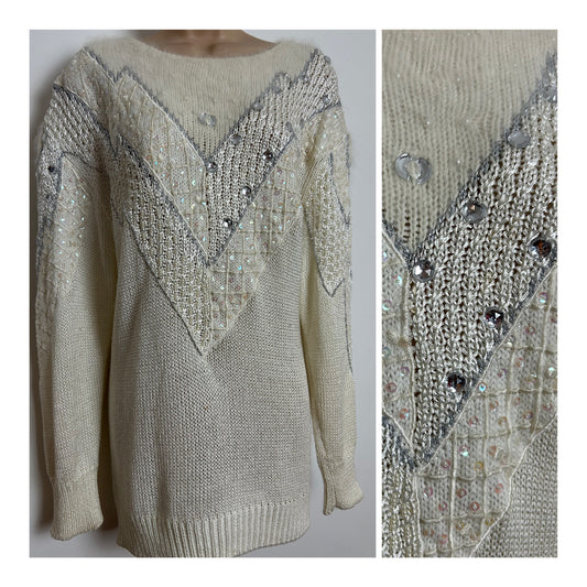 Vintage 1980s Up To Size 18-20 Winter White Sequin & Jewel Detail Winter Jumper