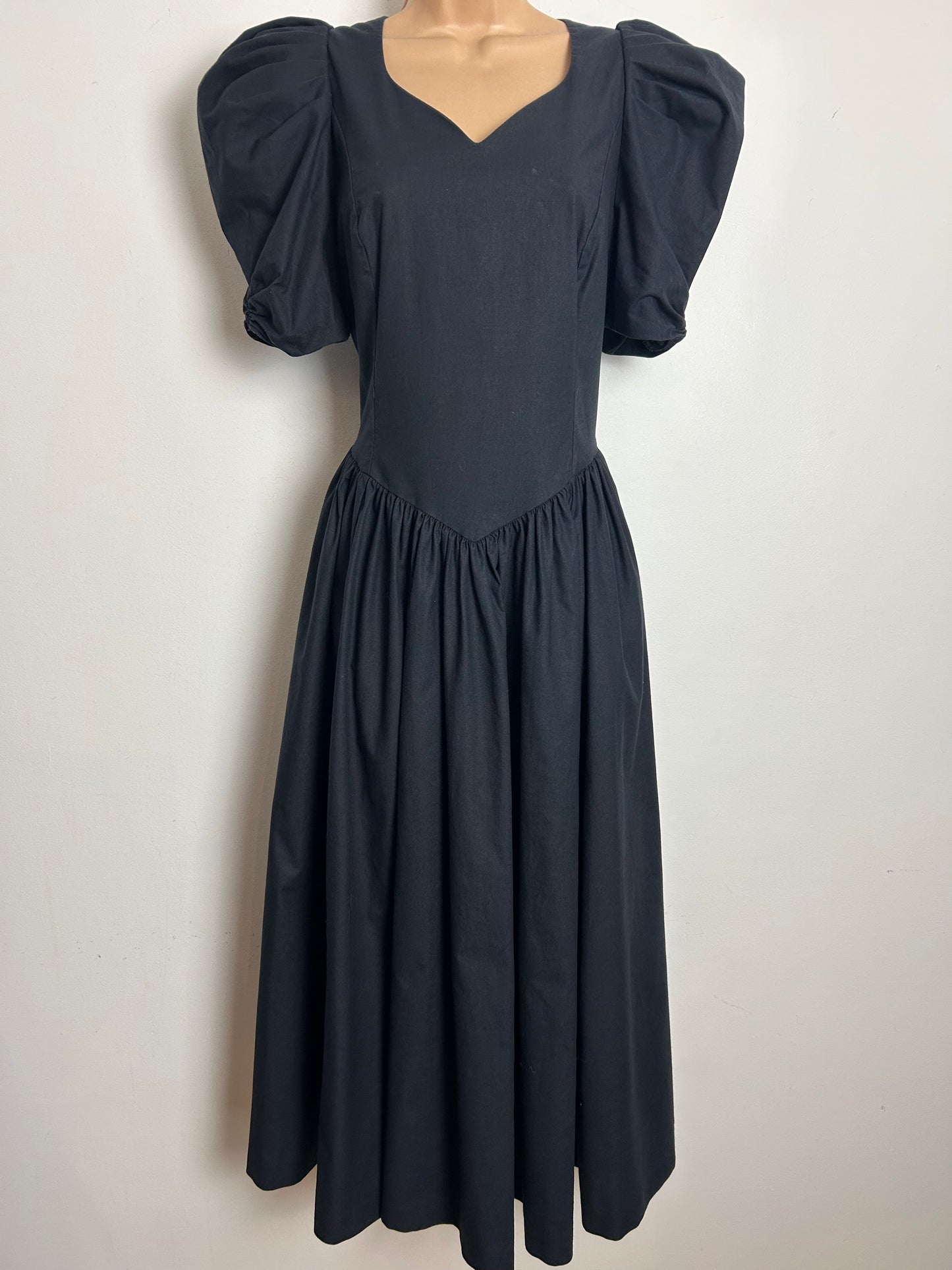 Vintage 1980s LAURA ASHLEY Size 12 (16 On Label) Black open Bow Back Puff Sleeve Midi Dress