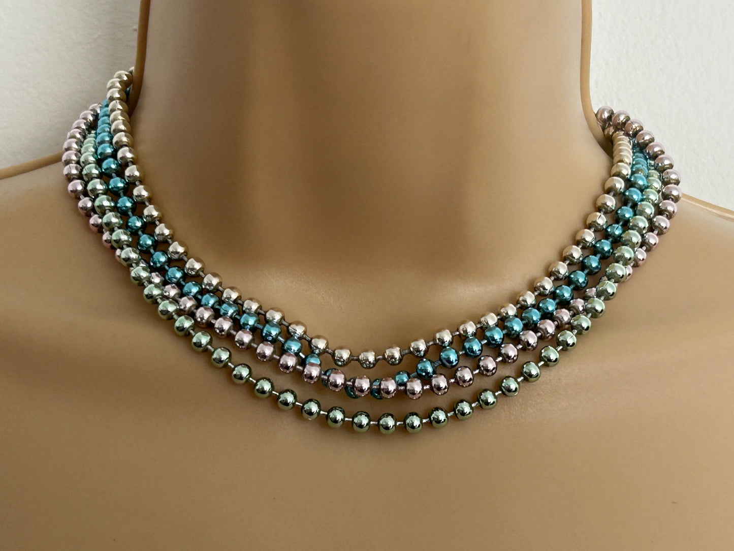 Vintage 1960s Pastel Colour Metal Bead Four Strand Choker Style Necklace
