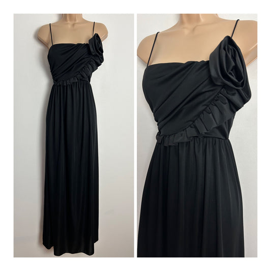 Vintage Early 1980s AJ BARI UK Size 6 Black Strappy Floral Corsage Detail Occasion Evening Maxi Dress