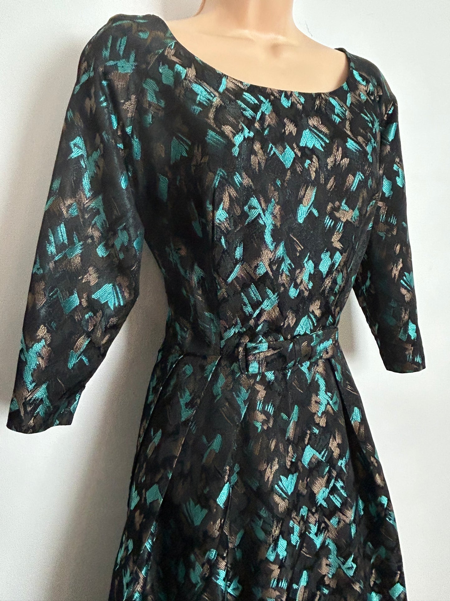 Vintage Late 1950s KITTY COPELAND Size 12-14 Black Blue & Bronze Jacquard Bow Detail Party Occasion Dress