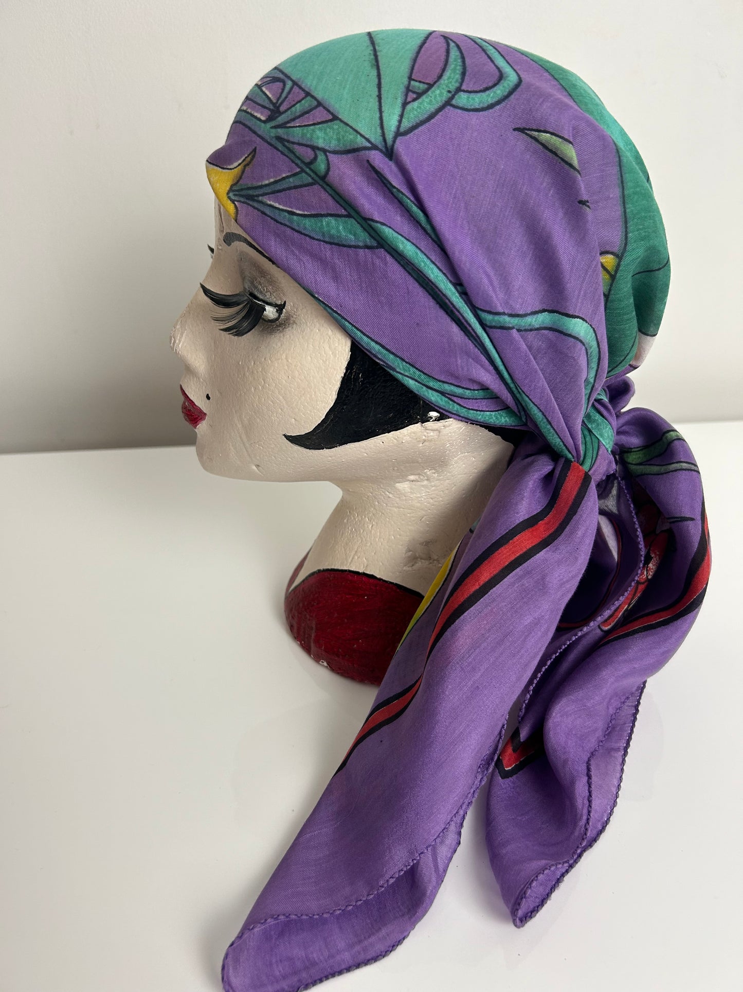 Vintage Purple Yellow & Green Floral Leaf & Bird Print Scarf 88cm x 90cm