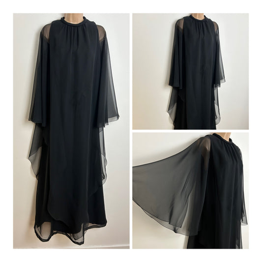 Vintage 1970s Size 12 Black Chiffon Long Floaty Sleeve Belted Layered Occasion Evening Maxi Dress