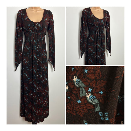 Vintage 1970s ST ANDRE Size 10 Brown Tones Bird & Butterfly Novelty Print Long Sleeve Maxi Dress With Finger Loops