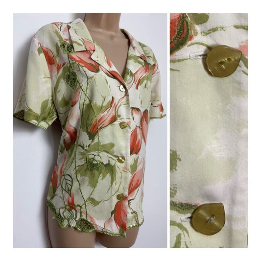 Vintage 1980s NANCY BOLAN CITY GIRL Size 14-16 Cream Orange & Green Floral Lace Detail Short Sleeve Blouse