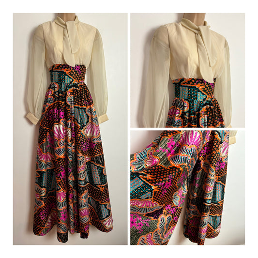Vintage 1960s UK Size 6 INCREDIBLE Cream Black Orange Blue & Pink Abstract Wide Leg High Waist Jumpsuit
