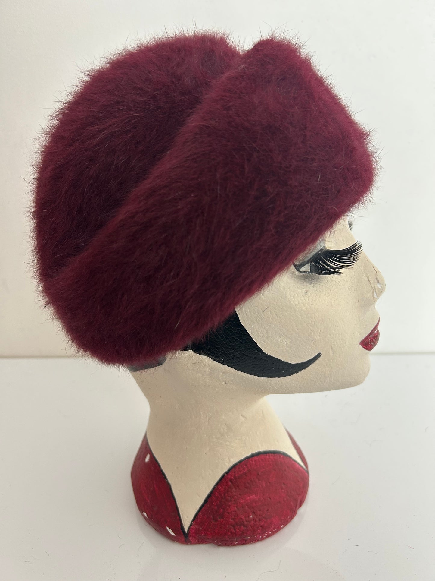 Vintage 1960s Maroon Angora Mix Pill Box Style Hat