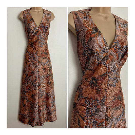 Vintage 1970s UK Size 12 Orange Bronze & Gold Floral Print Lurex Evening Maxi Dress