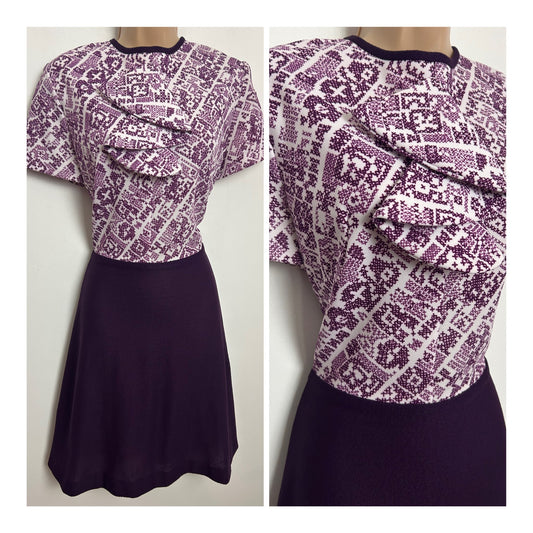 Vintage 1960s Size 12 Plum Purple & White Abstract Geo Print Short Sleeve Mod Dress