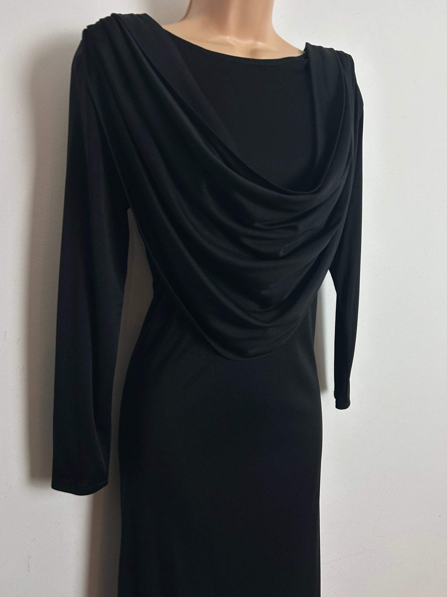 Vintage Late 1970s Early 1980s LAURA PHILLIPS Size 10-12 Black Drape Neck Long Sleeve Midi Occasion Dress