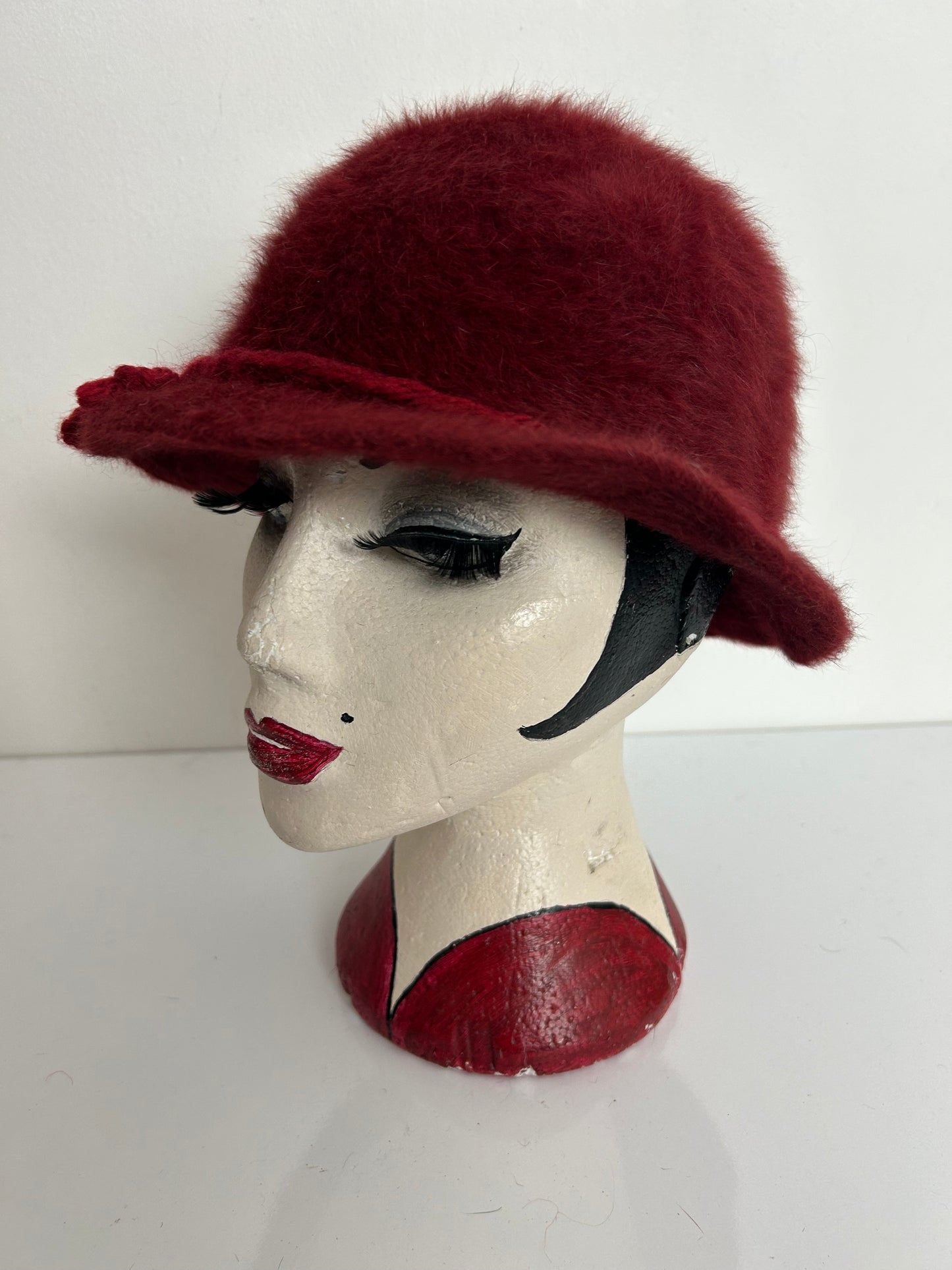 Vintage Austrian CHRISTA LEHNERT Dark Red Angora Wool Rope Trim Trilby Style Hat