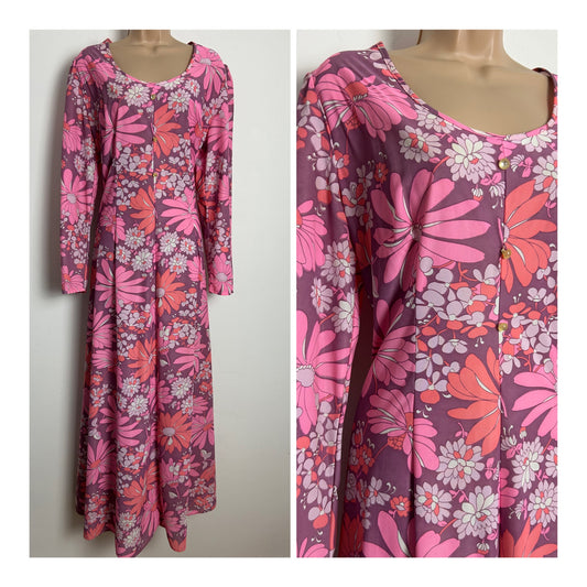 Vintage 1970s DEVONSHIRE LADY Size 14-16 Pink Tones Floral Print Long Sleeve Nylon Maxi Dress