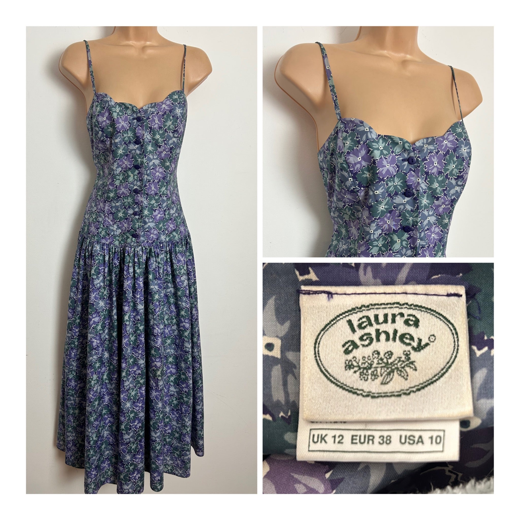 Vintage 1980s LAURA ASHLEY Size 8 (Size 12 On Label) Pretty Purple & D ...
