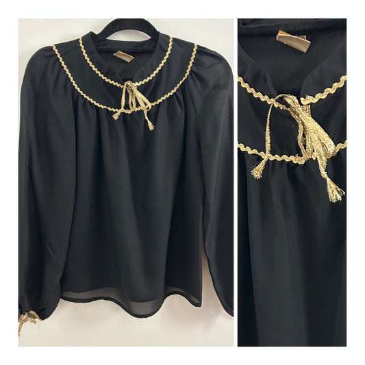 Vintage 1980s CECILE DE REVE UK Size 10-12 Black Semi Sheer Chiffon Gold Ric Rac Trim Blouse