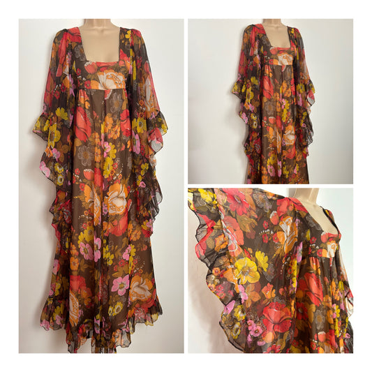 Vintage 1970s Homemade Size 8 Brown Yellow Orange & Red Floral Print Very Floaty Wide Long Sleeve Maxi Dress