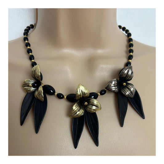 Vintage Black & Gold Colour Three Flowers Beaded Choker Style Necklace