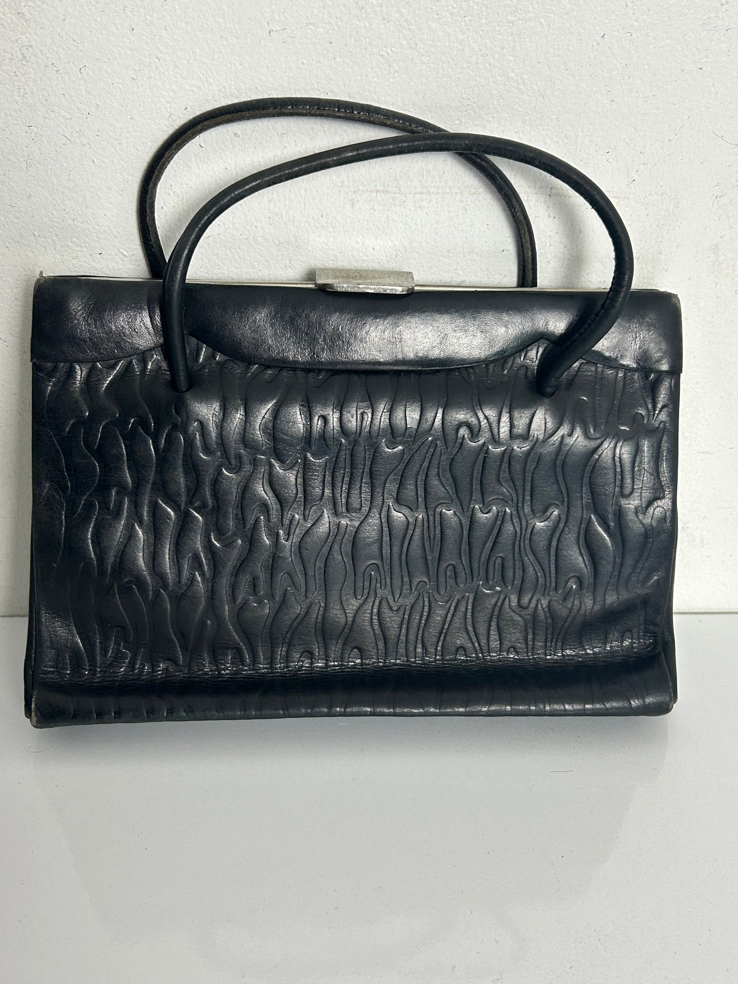 Vintage Early 1950s Small Black Embossed Kelly Style Handbag