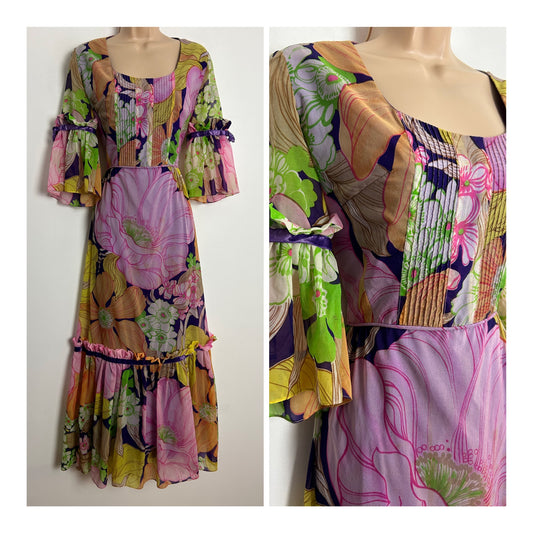 Vintage 1970s UK Size 8-10 Pink Purple Yellow & Green Floral Print Mid Length Flared Cuff Boho Maxi Dress