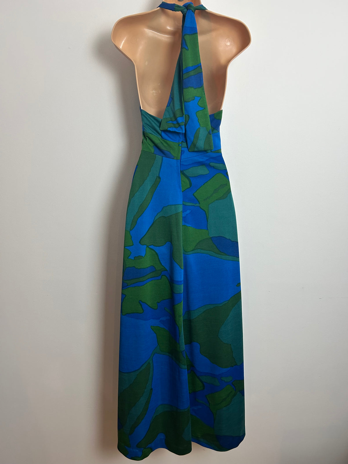 Vintage 1970s Size 6 BERNAT KELIN Blue & Green Abstract Print Halter Maxi Dress (Unlabelled)